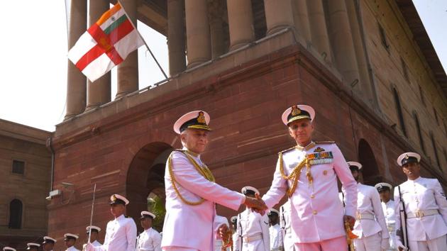 Admiral Karambir Singh (R) shakes hands with outgoing Naval chief Sunil Lanba before assuming charge as the new Chief of Naval Staff at South block in New Delhi. (Arvind Yadav / HT Photo) Admiral Karambir Singh (R) shakes hands with outgoing Naval chief Sunil Lanba before assuming charge as the new Chief of Naval Staff at South block in New Delhi. (Arvind Yadav / HT Photo)