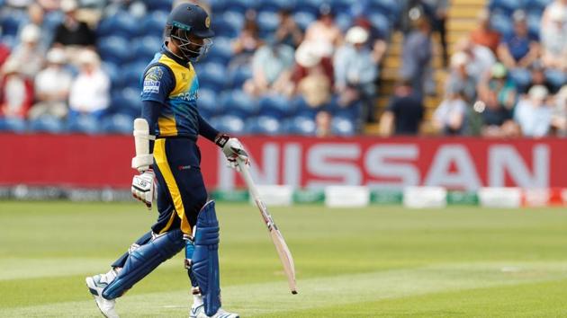 Sri Lanka’s Lahiru Thirimanna walks off after being bowled LBW on the second ball. (Action Images via Reuters)