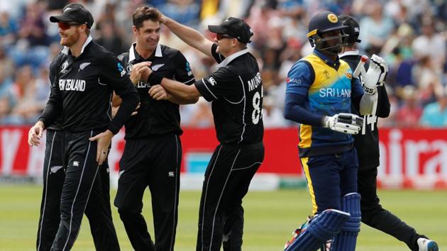 New Zealand’s Colin de Grandhomme celebrates with team mates after taking the wicket of Sri Lanka’s Angelo Matthews. (Action Images via Reuters)