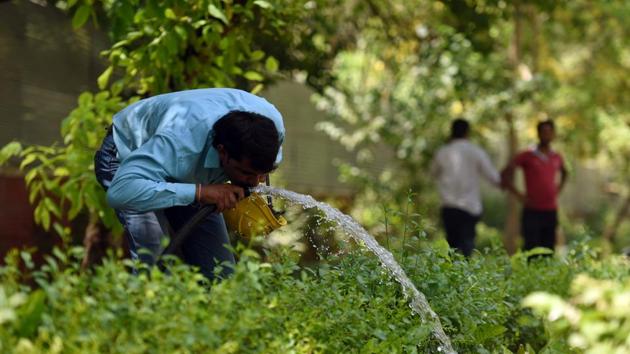 A man drinks water form a watering pipe on a hot afternoon, near Akbar Road, in New Delhi. (Amal KS / HT Photo) A man drinks water form a watering pipe on a hot afternoon, near Akbar Road, in New Delhi. (Amal KS / HT Photo)