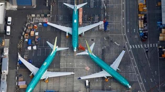 An aerial photo shows Boeing 737 MAX airplanes parked on the tarmac at the Boeing Factory in Renton, Washington, US March 21, 2019(REUTERSFILE)