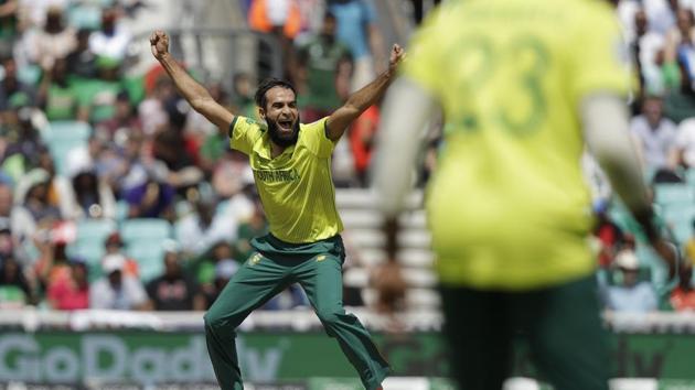 South Africa's Imran Tahir celebrates taking the wicket of Bangladesh's Shakib Al Hasan. (AP)