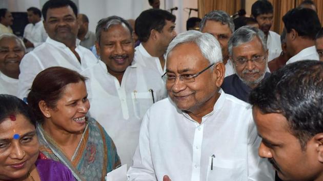 Bihar Chief Minister Nitish Kumar, along with deputy CM Sushil Kumar Modi, during the swearing-in ceremony for the cabinet expansion of coalition government of NDA, in Patna, on June 2, 2019. (PTI) Bihar Chief Minister Nitish Kumar, along with deputy CM Sushil Kumar Modi, during the swearing-in ceremony for the cabinet expansion of coalition government of NDA, in Patna, on June 2, 2019. (PTI)