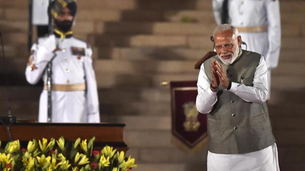 Prime Minister Narendra Modi gestures after taking oath as the Prime Minister of India for second term, at the forecourt of Rashtrapati Bhavan, in New Delhi, on May 30, 2019. (Ajay Aggarwal/HT PHOTO) Prime Minister Narendra Modi gestures after taking oath as the Prime Minister of India for second term, at the forecourt of Rashtrapati Bhavan, in New Delhi, on May 30, 2019. (Ajay Aggarwal/HT PHOTO)