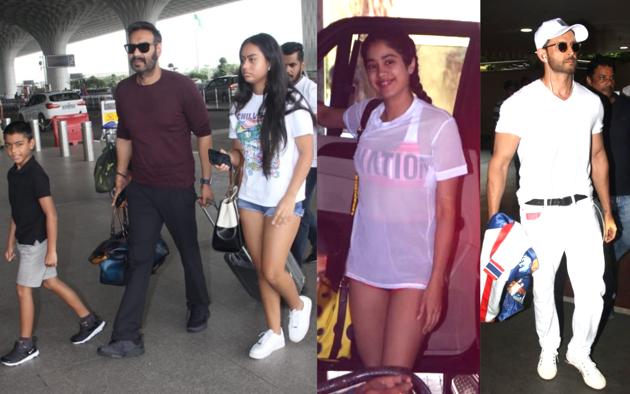 Ajay Devgn with kids Yug and Nysa (extreme left), Janhvi Kapoor and Hrithik Roshan spotted in Mumbai.
