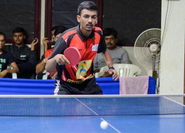 Adarsh Gopal in action during Sharada district ranking table tennis tournament on Saturday.(Milind Saurkar/HT Photo)