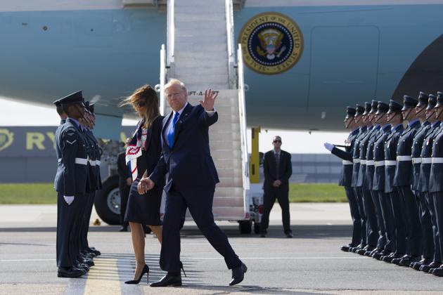 President Donald Trump waves as he and first lady Melania Trump arrive at Stansted Airport in England, Monday, June 3, 2019 at the start of a three day state visit to Britain. (AP photo) President Donald Trump waves as he and first lady Melania Trump arrive at Stansted Airport in England, Monday, June 3, 2019 at the start of a three day state visit to Britain. (AP photo)
