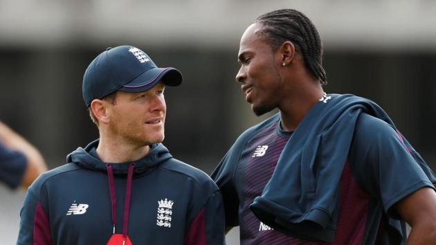 England's Jofra Archer talks with Eoin Morgan during a nets session.(Action Images via Reuters) England's Jofra Archer talks with Eoin Morgan during a nets session.(Action Images via Reuters)