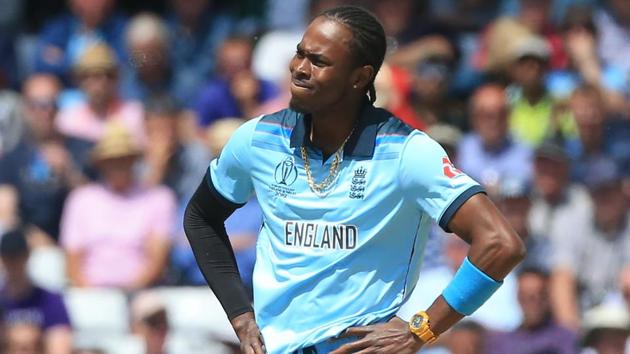 England's Jofra Archer reacts while bowling during the ICC World Cup match against Pakistan.(AFP)