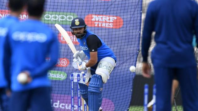 India's Rohit Sharma bats in the nets during a training session at the Rose Bowl in Southampton, southern England, on June 3, 2019 ahead of their 2019 Cricket World Cup match against South Africa(AFP)