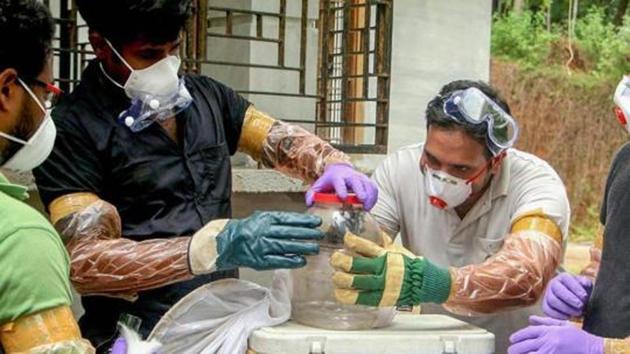 Forest officials collect bats from a well after the outbreak of Nipah virus, near Perambra in Kozhikode.(PTI Photo) Forest officials collect bats from a well after the outbreak of Nipah virus, near Perambra in Kozhikode.(PTI Photo)