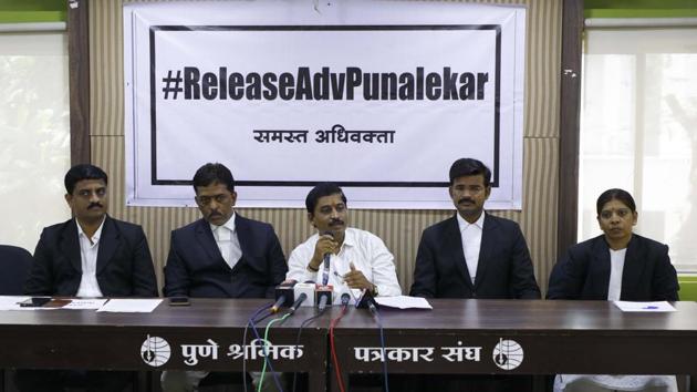 (Left to right) Nilesh Sangolkar, Narendra Padvadkar, Nilesh Nidhadkar, Tejsigh Gujar and Sunita Ghule on Monday demanded release of advocate Sanjiv Punalekar at Patrakar Bhavan in Pune on Monday. (Rahul Raut/HT PHOTO) (Left to right) Nilesh Sangolkar, Narendra Padvadkar, Nilesh Nidhadkar, Tejsigh Gujar and Sunita Ghule on Monday demanded release of advocate Sanjiv Punalekar at Patrakar Bhavan in Pune on Monday. (Rahul Raut/HT PHOTO)