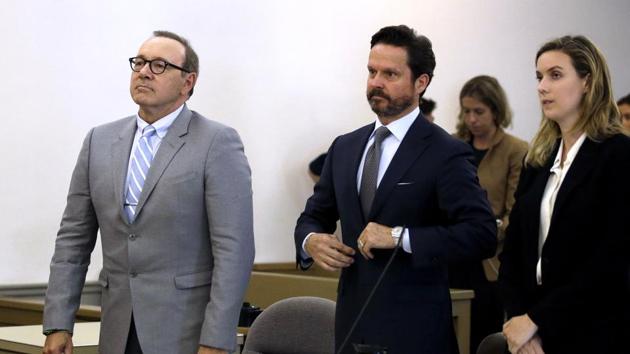 Actor Kevin Spacey, left, stands beside attorney Alan Jackson at a pretrial hearing on Monday, June 3, 2019, at district court in Nantucket, Mass. The Oscar-winning actor is accused of groping the teenage son of a former Boston TV anchor in 2016 in the crowded bar at the Club Car in Nantucket. (AP Photo/Steven Senne) (AP) Actor Kevin Spacey, left, stands beside attorney Alan Jackson at a pretrial hearing on Monday, June 3, 2019, at district court in Nantucket, Mass. The Oscar-winning actor is accused of groping the teenage son of a former Boston TV anchor in 2016 in the crowded bar at the Club Car in Nantucket. (AP Photo/Steven Senne) (AP)