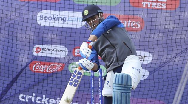 India's MS Dhoni bats in the nets during a training session ahead of their Cricket World Cup match against South Africa at Ageas Bowl in Southampton, England, Monday, June 3, 2019(AP)