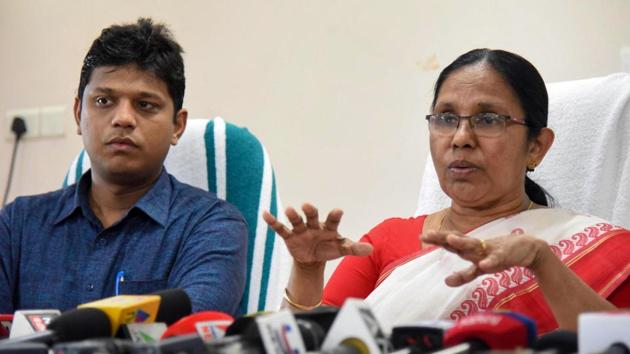 Kerala Health Minister K K Shailaja and IAS Collector K Mohammed Y Safirulla during a press conference on Tuesday to confirm that a 23-year-old college student admitted to a hospital in Kochi had been infected with the Nipah virus.(PTI)
