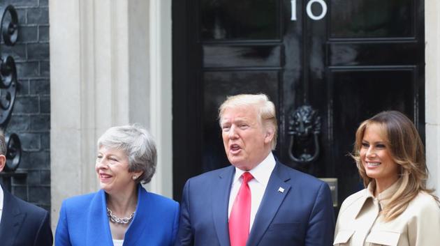 Britain's Prime Minister Theresa May, U.S. President Donald Trump and first lady Melania Trump stand in front of Downing Street 10, as part of Trump's state visit in London, Britain, June 4, 2019. (REUTERS) Britain's Prime Minister Theresa May, U.S. President Donald Trump and first lady Melania Trump stand in front of Downing Street 10, as part of Trump's state visit in London, Britain, June 4, 2019. (REUTERS)