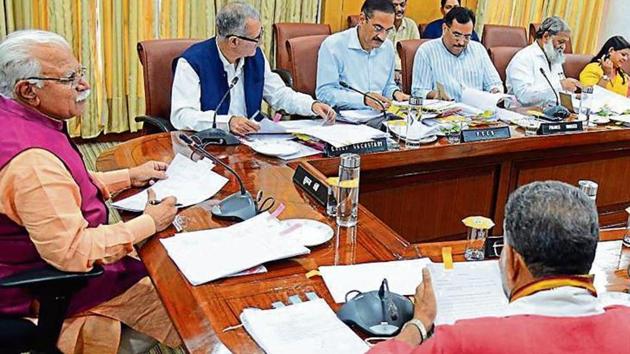 Haryana chief minister Manohar Lal Khattar presiding over the cabinet meeting in Chandigarh on Tuesday, June 4, 2019. (HT Photo) Haryana chief minister Manohar Lal Khattar presiding over the cabinet meeting in Chandigarh on Tuesday, June 4, 2019. (HT Photo)