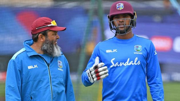 West Indies spin coach Mushtaq Ahmed (L) and West Indies' Shai Hope attend a training session. (AFP) West Indies spin coach Mushtaq Ahmed (L) and West Indies' Shai Hope attend a training session. (AFP)