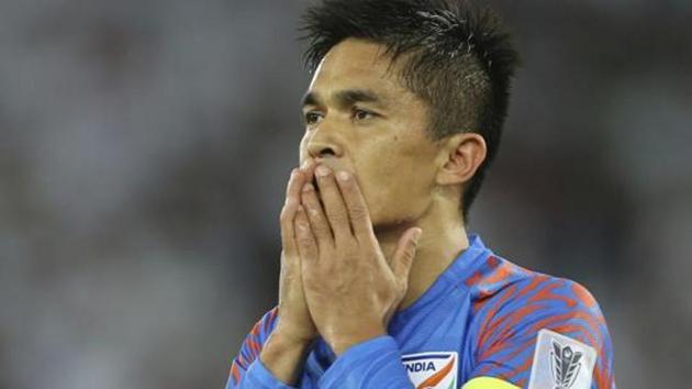 India's forward Sunil Chhetri gestures during the AFC Asian Cup group A soccer match between United Arab Emirates and India at Zayed Sports City Stadium in Abu Dhabi, United Arab Emirates, Thursday, Jan. 10, 2019. (AP Photo/Kamran Jebreili)(AP)