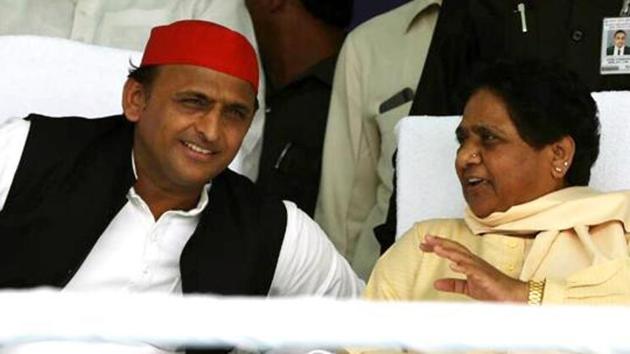 The Samajwadi Party chief, Akhilesh Yadav, with the BahujanSamaj Party supremo, Mayawati, at an election rally, Varanasi, 2019(ANI)