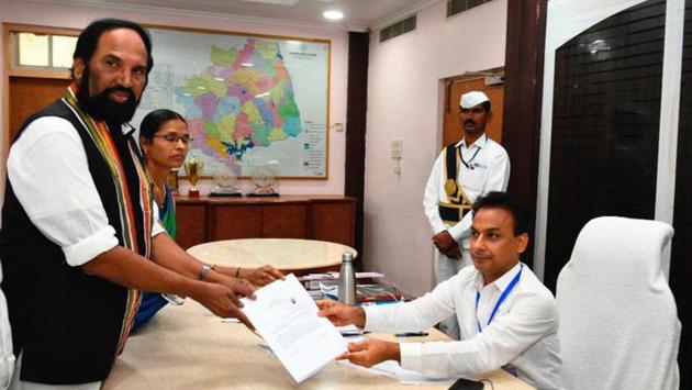 TPCC President Uttam Kumar Reddy files his nomination as MP candidate from Nalgonda. In a setback for the Congress in Telangana, 12 of its MLAs met Assembly Speaker P Srinivas Reddy and gave him a representation to merge the Congress Legislature Party with the ruling Telangana Rashtra Samithi. As 12 MLAs account for two-third of the CLP, they will not attract provisions of the anti-defection law, officials said. (ANI File)