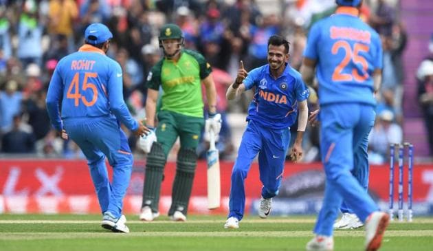 India's Yuzvendra Chahal celebrates with teammates after dismissing South Africa's captain Faf du Plessis for 38. (AFP) India's Yuzvendra Chahal celebrates with teammates after dismissing South Africa's captain Faf du Plessis for 38. (AFP)