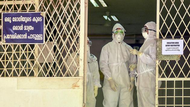 Health officials at an isolation ward of Ernakulam Medical College in Kochi, Tuesday, June 4. Kerala Health Minister K K Shailaja confirmed today that the 23-year-old college student, who was admitted to a hospital in Kochi, has been infected with the Nipah virus. (PTI Photo)(PTI6_4_2019_000118B) (PTI FILE) Health officials at an isolation ward of Ernakulam Medical College in Kochi, Tuesday, June 4. Kerala Health Minister K K Shailaja confirmed today that the 23-year-old college student, who was admitted to a hospital in Kochi, has been infected with the Nipah virus. (PTI Photo)(PTI6_4_2019_000118B) (PTI FILE)