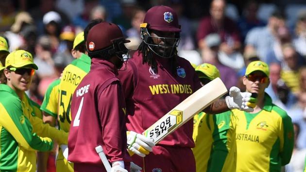 West Indies' Chris Gayle requests a third review and loses his wicket.(AFP)