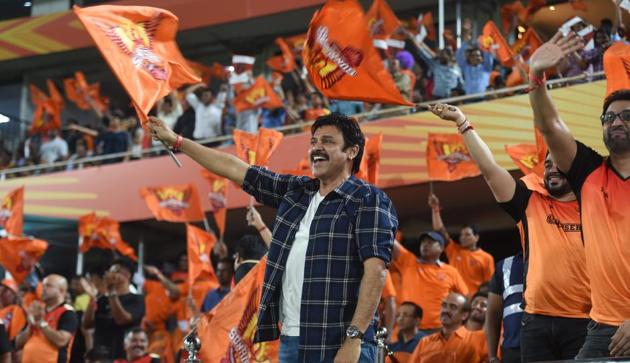 Venkatesh cheers for SRH team during the Indian Premier League 2019 (IPL T20) cricket match between Sunrisers Hyderabad (SRH) and Kings XI Punjab (KXIP) at Rajiv Gandhi International Cricket Stadium in Hyderabad.(PTI)