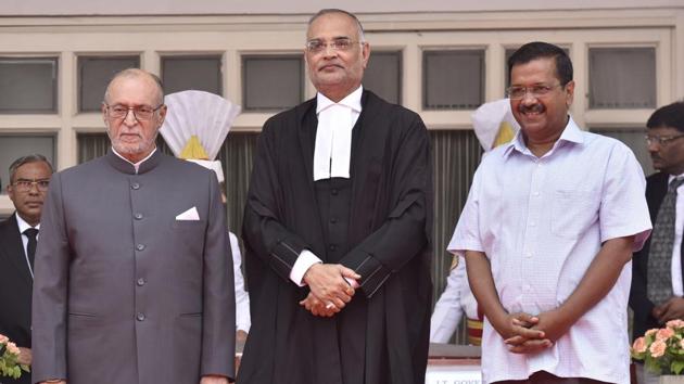 Justice Dhirubhai Naranbhai Patel took oath as Chief Justice of Delhi High Court, in the presence of Lieutenant Governor of Delhi Anil Baijal and Delhi Chief Minister Arvind Kejriwal. (Sanjeev Verma / HT Photo)