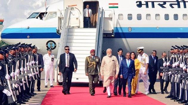 PM Modi arrives in Male, capital of Maldives, to a warm reception by Foreign Minister Abdulla Shahid. (Photo @MEA India)