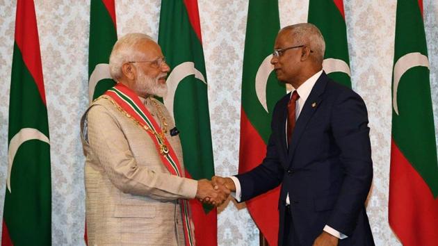 Prime Minister Narendra Modi shaking hands with Maldives’ President Ibrahim Mohamed Solih in Maldive’s capital Male on June 8, 2019.(Narendra Modi/Twitter)