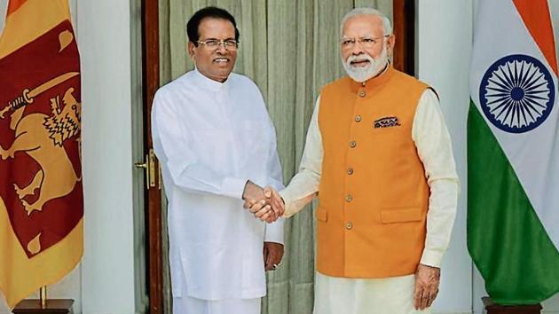 Prime Minister Narendra Modi shakes hands with Maithripala Sirisena, President of Sri Lanka, at Hyderabad House, in New Delhi, India, on Friday, May 31, 2019.(Photo by Vipin Kumar/ Hindustan Times)