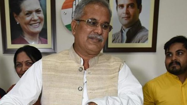 Chhattisgarh chief minister Bhupesh Baghel at state Congress office in Raipur.((Arijit Sen/HT Photo))