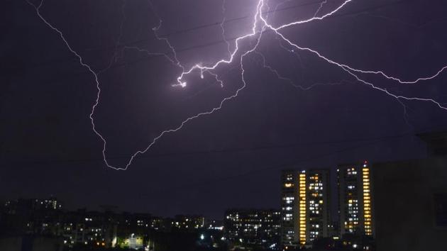 Lightning seen in the night sky, at Kharadi, in Pune, Maharashtra. (Shankar Narayan / HT Photo)