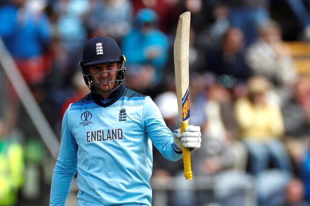 England's Jason Roy celebrates reaching 150 runs against Bangladesh in Cardiff. (Action Images via Reuters)