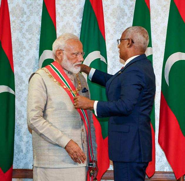 Prime Minister Narendra Modi receives the Maldives Highest Honour Order of the Distinguished Rule of Nishan Izzuddeen from President of Maldives Ibrahim Mohamed Solih at Male, in Maldives, Saturday, June 8, 2019.(PTI)