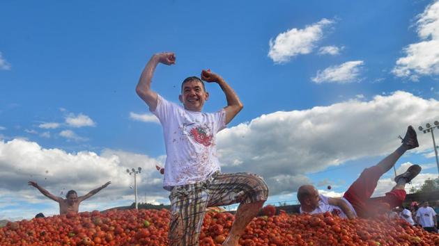 People participate in the tenth annual tomato fight festival, known as "Tomatina", in Sutamarchan, Boyaca department, Colombia. (Diana Sanchez / AFP) People participate in the tenth annual tomato fight festival, known as "Tomatina", in Sutamarchan, Boyaca department, Colombia. (Diana Sanchez / AFP)
