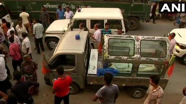 The vehicle carrying the dead bodies of BJP workers. (Photo: BJP Bengal/ Twitter) The vehicle carrying the dead bodies of BJP workers. (Photo: BJP Bengal/ Twitter)