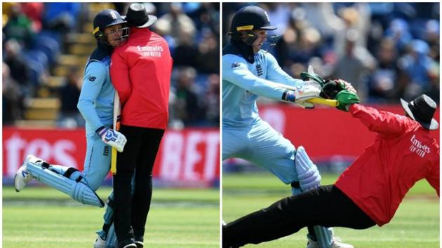 Jason Roy knocks down umpire Joel Wilson during England vs Bangladesh World Cup match(Photo collage)