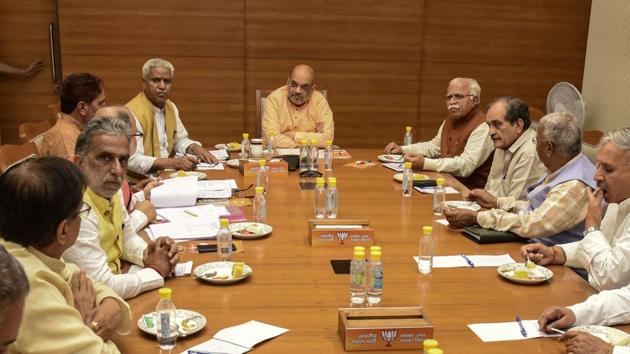 Union home minister and BJP president Amit Shah holds a meeting with BJP leaders of Haryana, Maharashtra and Jharkhand ahead of assembly elections, at party office in New Delhi.(PTI File Photo)