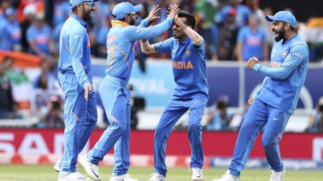 Indian players celebrate the dismissal of Australia's captain Aaron Finch. (AP)