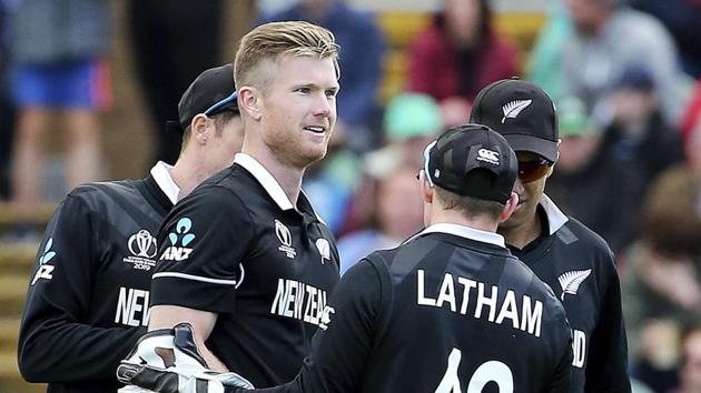 New Zealand's James Neesham, 2nd left, celebrates taking the wicket of Afghanistan's Najibullah Zadran with Wicket Keeper Tom Latham. (AP)