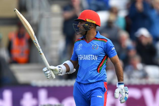 Afghanistan's Hashmatullah Shahidi celebrates his half century during the 2019 Cricket World Cup group stage match between Afghanistan and New Zealand at The County Ground in Taunton. (AFP)
