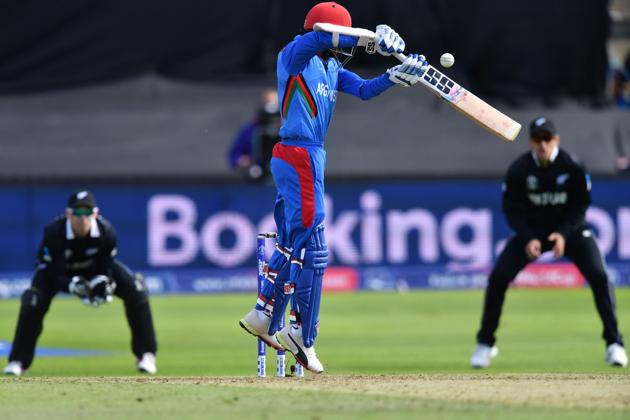 Afghanistan's Ikram Alikhil plays a shot during the 2019 Cricket World Cup group stage match between Afghanistan and New Zealand at The County Ground in Taunton, southwest England. (AFP)