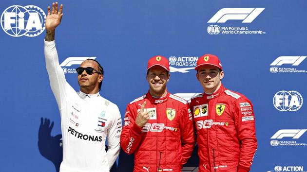 Top three qualifiers Sebastian Vettel of Germany and Ferrari, Lewis Hamilton of Great Britain and Mercedes GP and Charles Leclerc of Monaco and Ferrari. (AFP) Top three qualifiers Sebastian Vettel of Germany and Ferrari, Lewis Hamilton of Great Britain and Mercedes GP and Charles Leclerc of Monaco and Ferrari. (AFP)