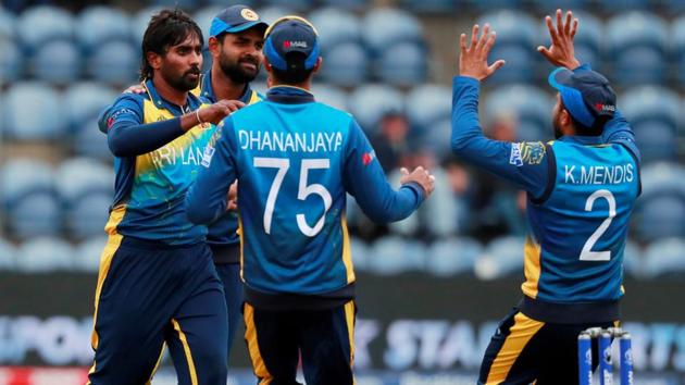 Sri Lanka's Nuwan Pradeep and team mates celebrate the wicket of Afghanistan's Hashmatullah Shahidi. (Action Images via Reuters)