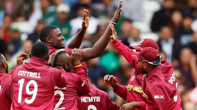 West Indies' Jason Holder celebrates with team mates after taking the wicket of Pakistan's Sarfaraz Ahmed. (Action Images via Reuters) West Indies' Jason Holder celebrates with team mates after taking the wicket of Pakistan's Sarfaraz Ahmed. (Action Images via Reuters)