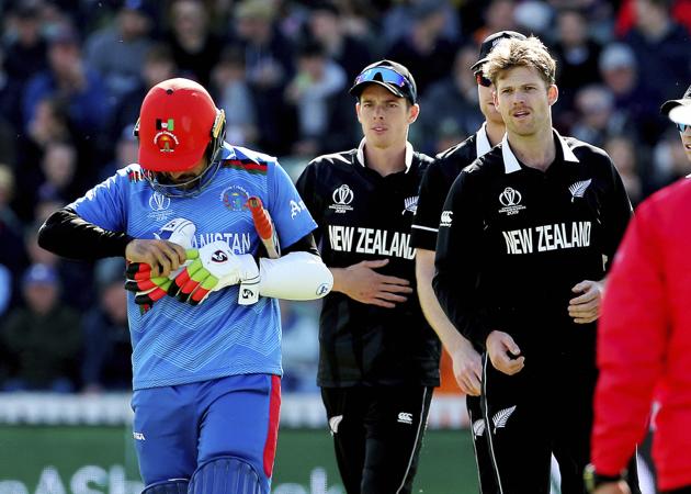 Taunton: New Zealand's Lockie Ferguson looks on after bowling out Afghanistan's Rashid Khan, the ball bouncing off Rashid's helmet and onto the stumps during the ICC Cricket World Cup group stage match between Afghanistan and New Zeland. (AP)