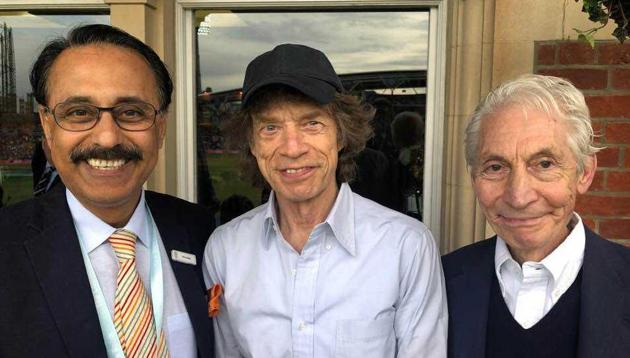 (From left) Arun Harnal with Mick Jagger and Charlie Watts. (HT Photo) (From left) Arun Harnal with Mick Jagger and Charlie Watts. (HT Photo)
